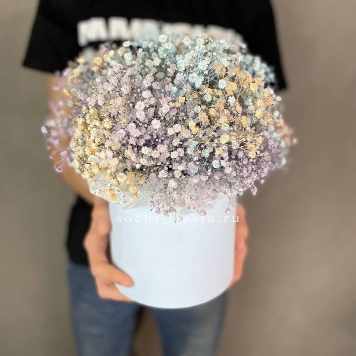 9 Радужных гипсофил в шляпной коробке в Орске