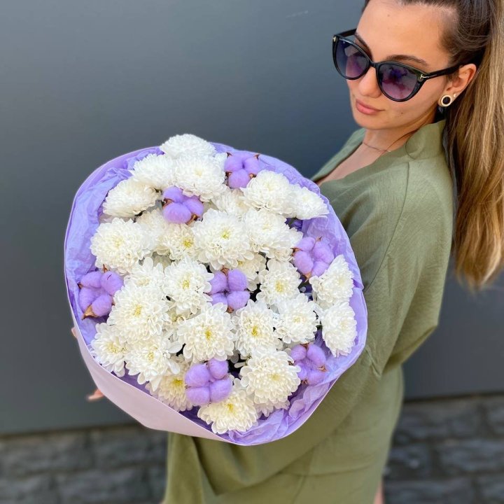  Букет  хризантем и хлопка в Орске