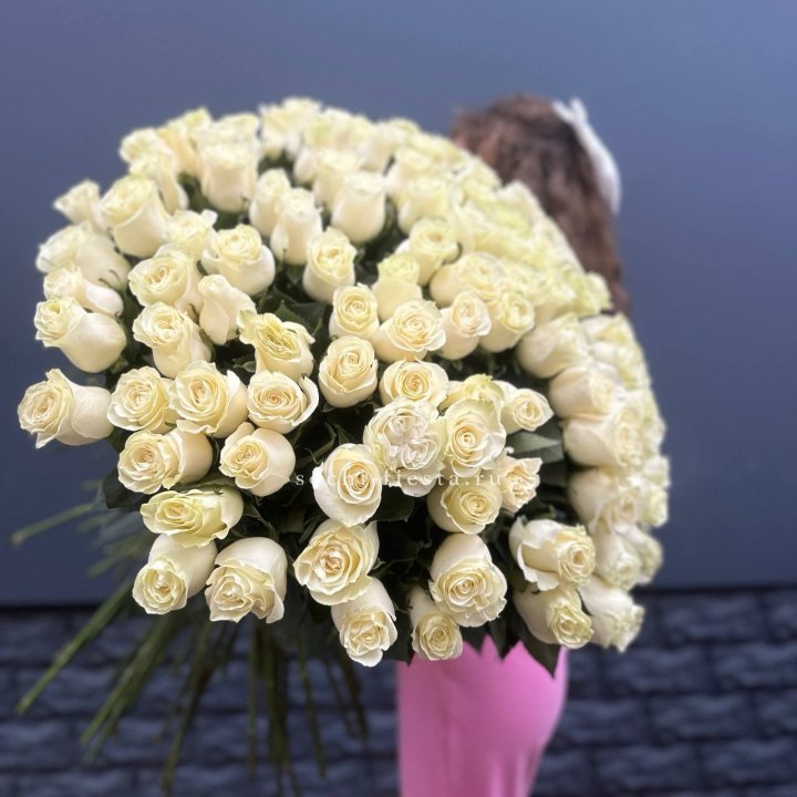 101 белая высокая импортная роза под ленту в Орске